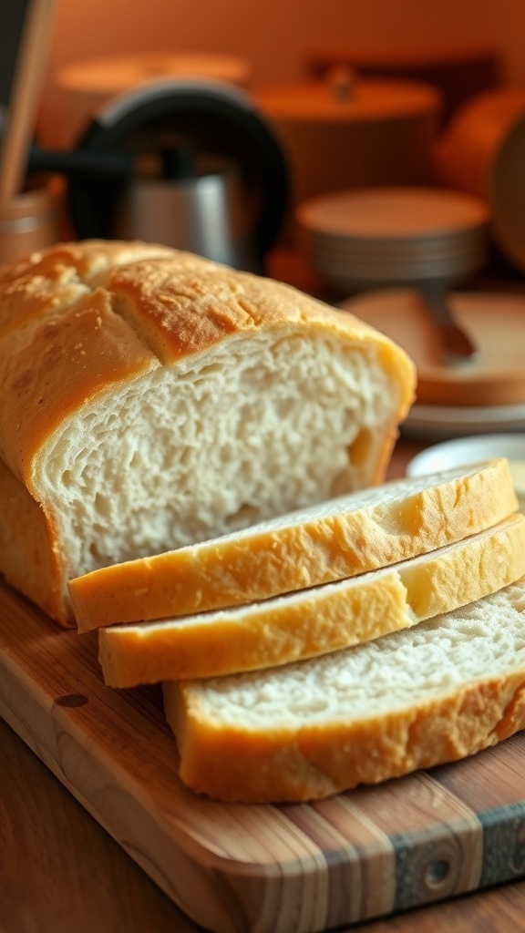 Homemade 2 lb Sandwich Bread Recipe A golden brown homemade sandwich bread loaf sliced on a wooden board, with butter and a knife beside it.